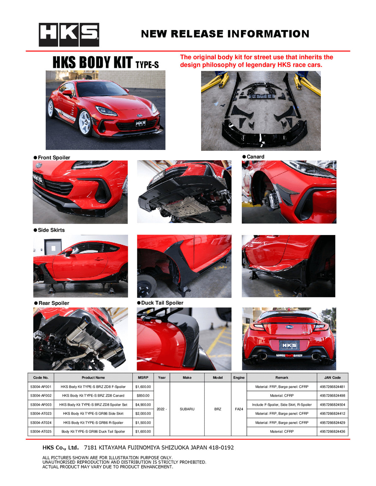 HKS TYPES Complete Body Aero Kit - 2022-2023 Subaru BRZ