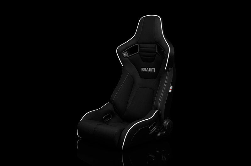 BRMBRR1R-BFWP Braum Elite-R Series Sport Seats - Black Polo Cloth (Grey Stitching / White Piping) Pair - Universal,