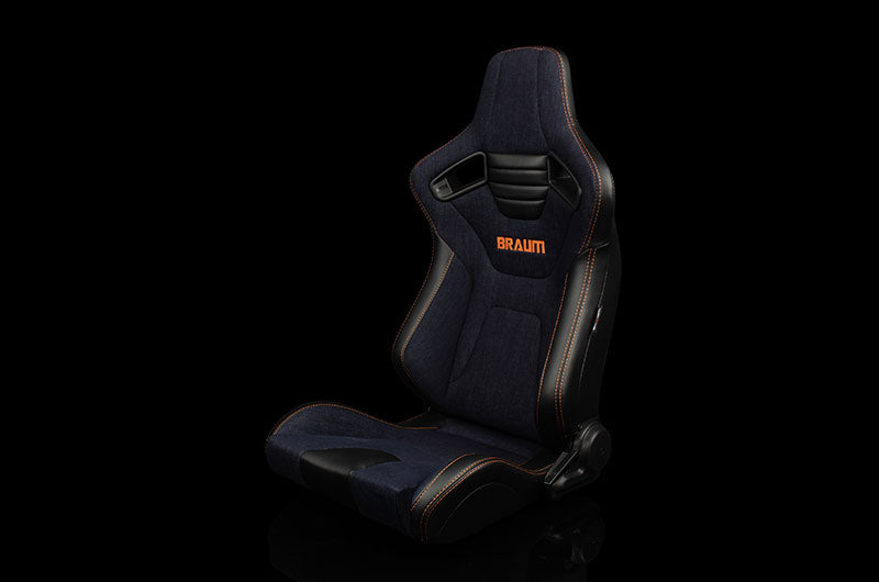 BRMBRR1X-NDOS Braum Elite-X Series Sport Seats - Black PU / Navy Denim / Orange Stitching Pair - Universal,